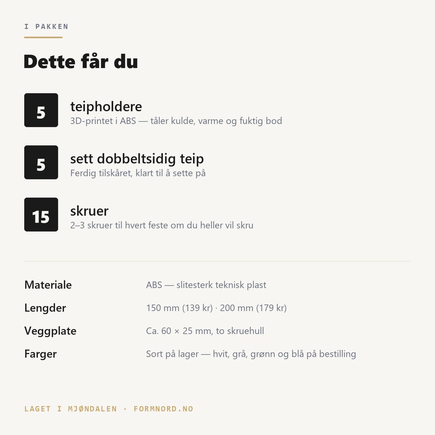 Innhold i pakken: 5 teipholdere, 5 sett dobbeltsidig teip og 15 skruer