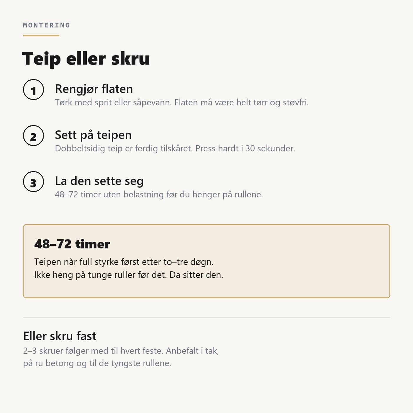 Monteringsanvisning — la teipen sette seg i 48 til 72 timer uten belastning