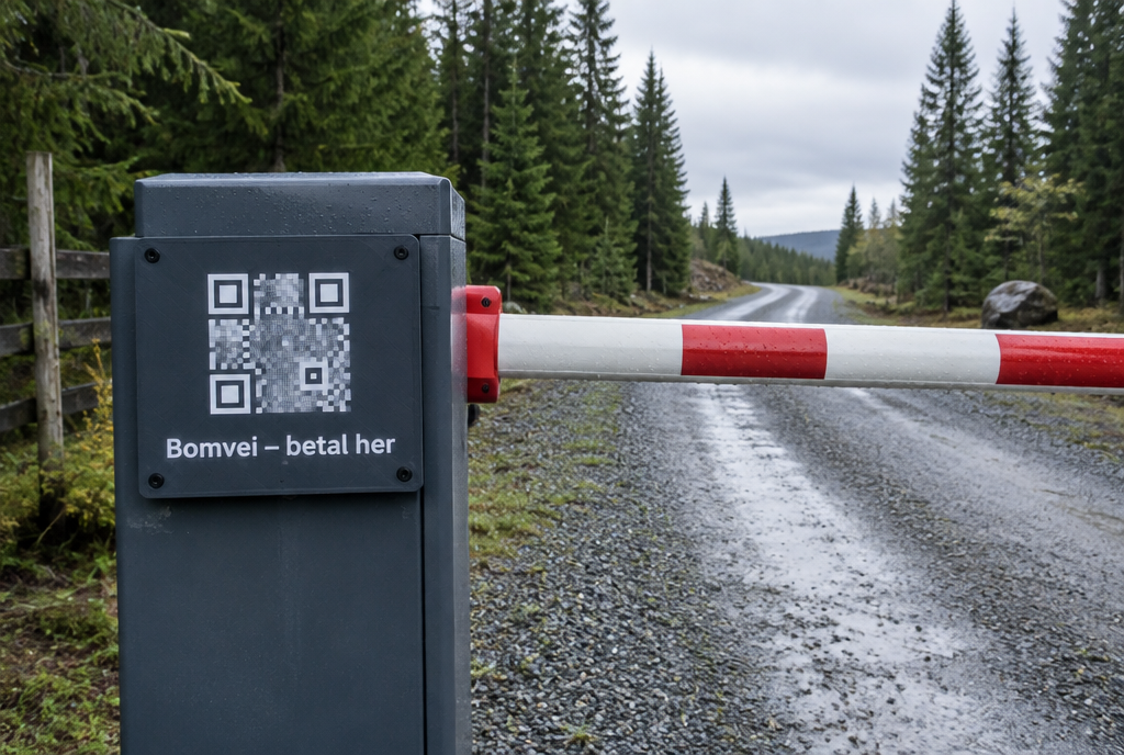QR-skilt ved bommen på en hyttevei (illustrasjon)